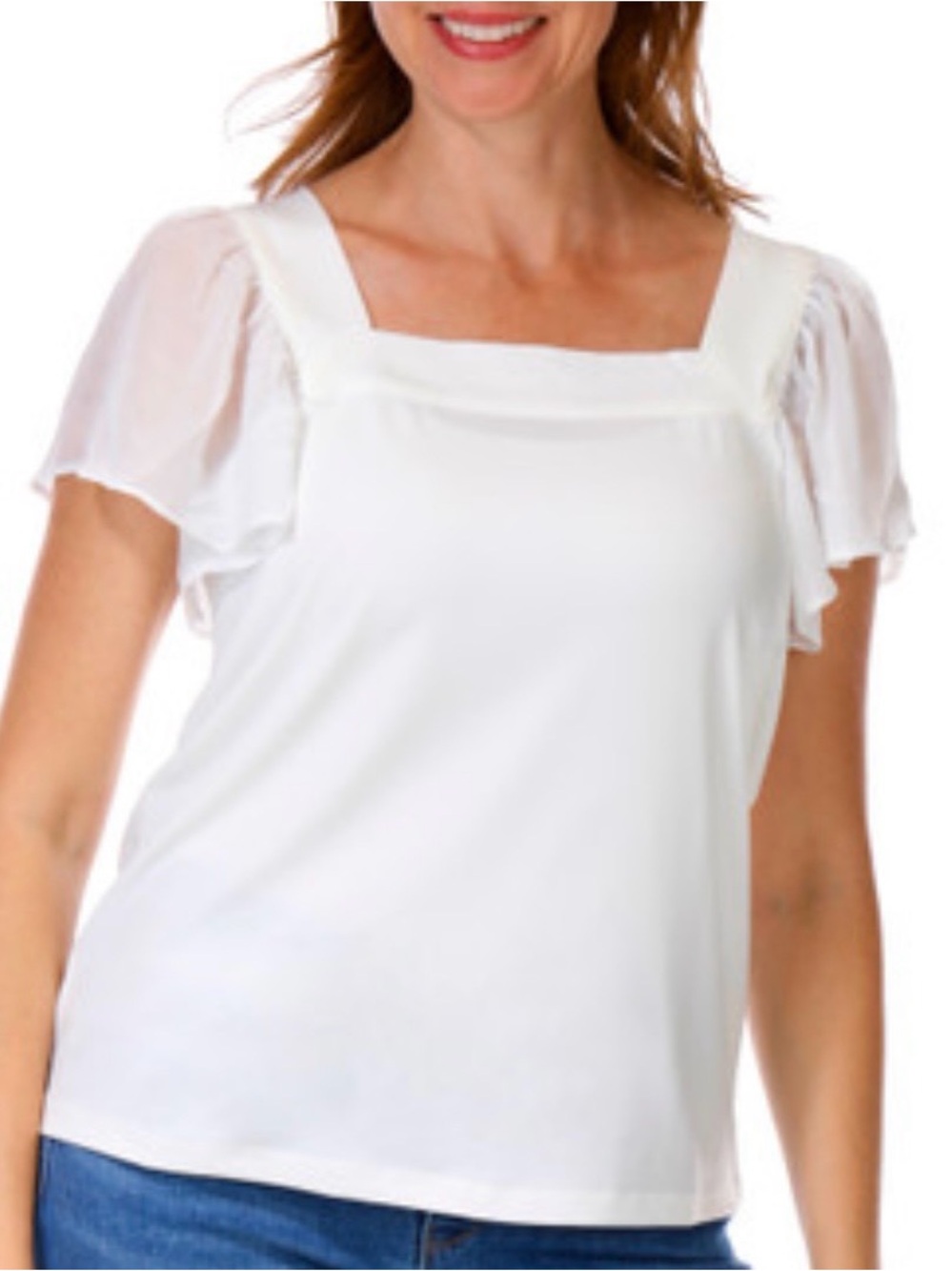 Calvin Klein White Square-Neck Flutter Sleeve Blouse